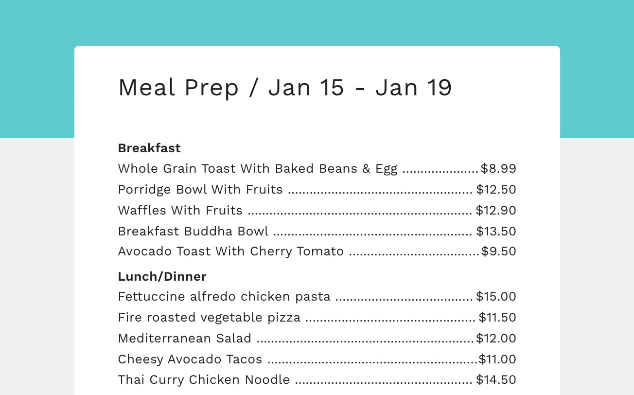 Meal prep order form